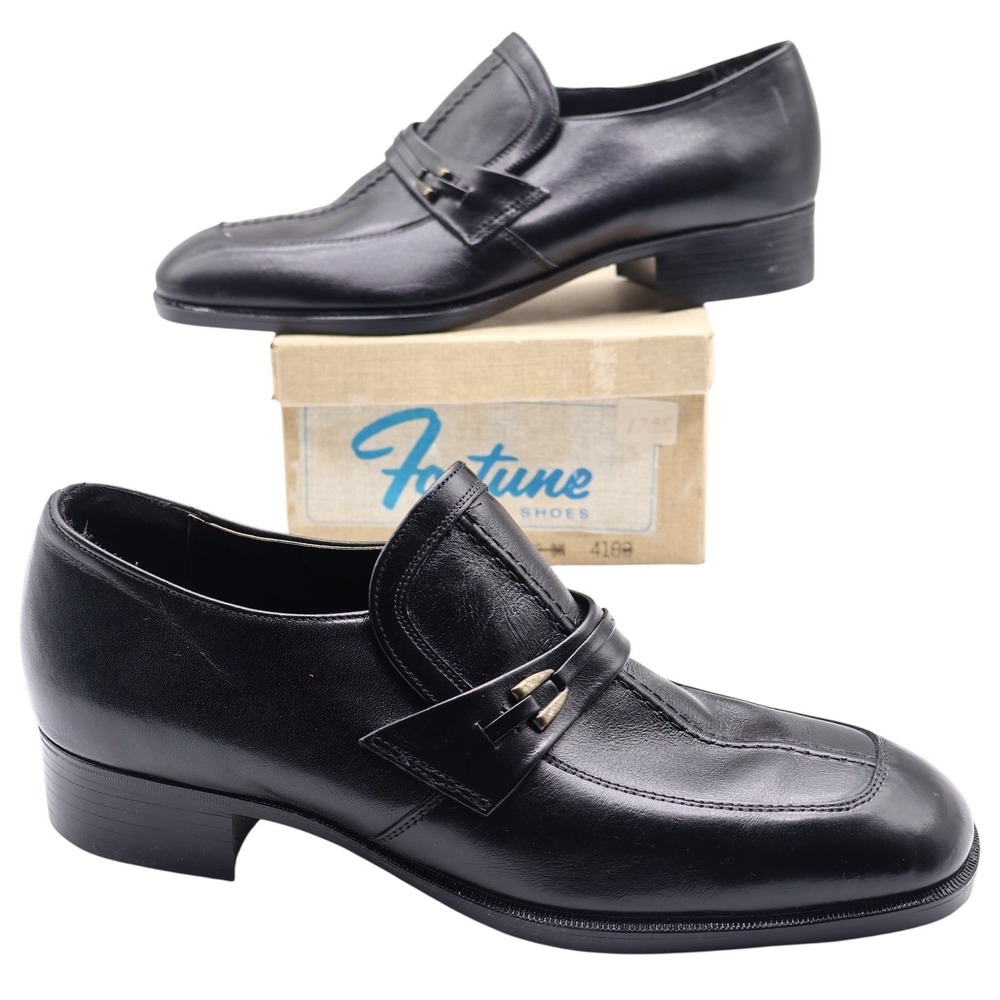 Fortune Shoes Loafers Mens 10 Vintage 70s Black Leather Square Toe Deadstock